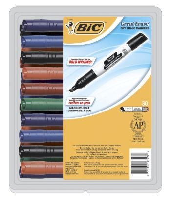 Bic Dry Erase Marker, Great Erase Bold, Chisel Tip - Assorted Colors - 30/Pkg
