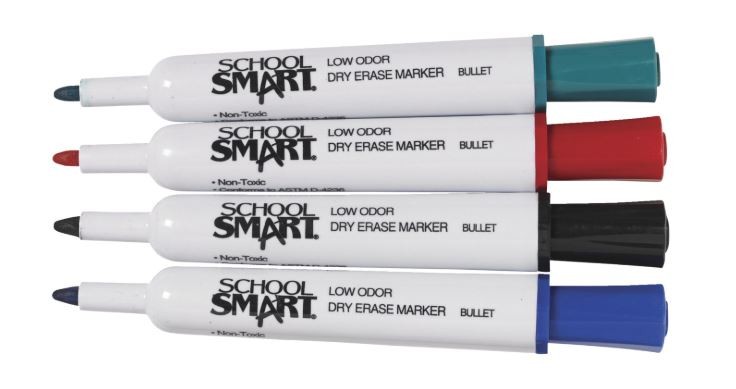 School Smart Low Odor Non-Toxic Dry Erase Marker, Bullet Tip, Assorted Colors, Pack of 4