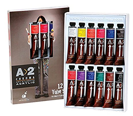 Chroma A2 Lightfast Heavy Body Acrylic Paint Set, 4 oz Tube, Multiple Color, 12/Set