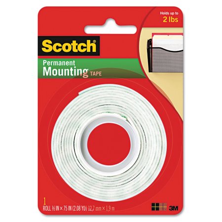 Scotch Double Coated Permanent Mounting Tape, 1/2 in W X 75 in L, 2 lb, Clear, High Density Foam