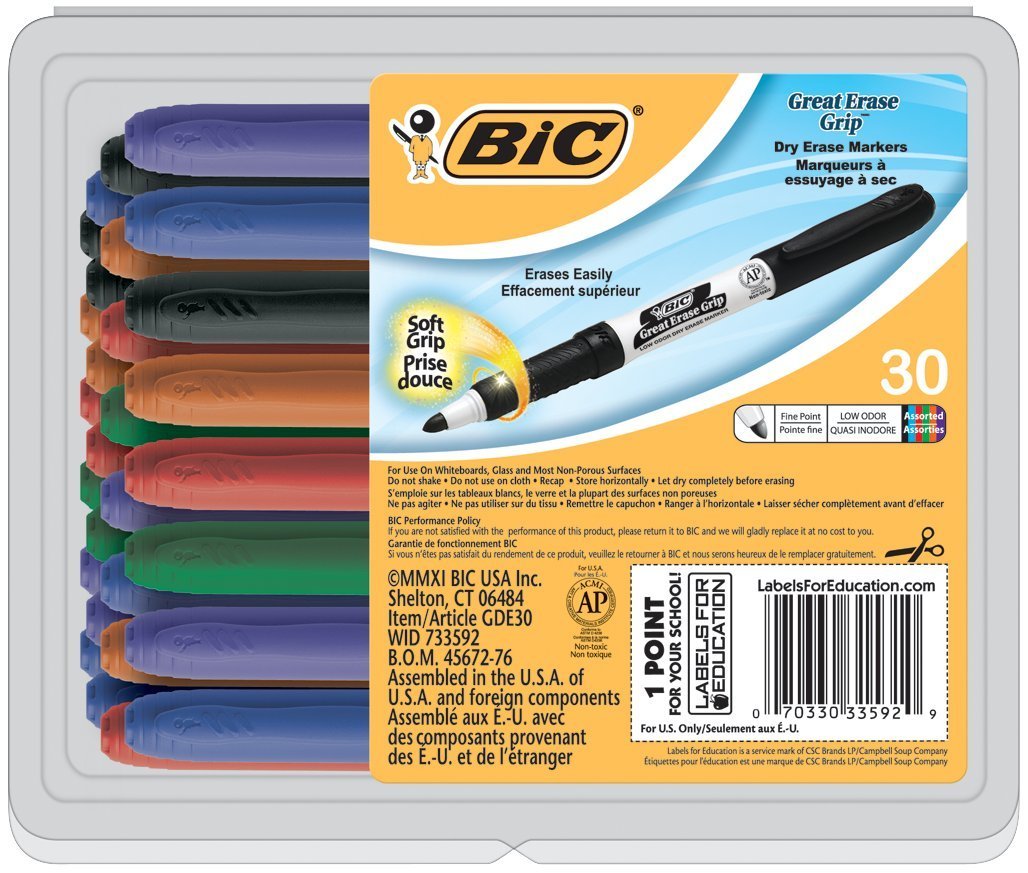 Bic Dry Erase Marker, Great Erase, Low Odor Non-Toxic, Fine Tip - Assorted Colors - 30/Pkg