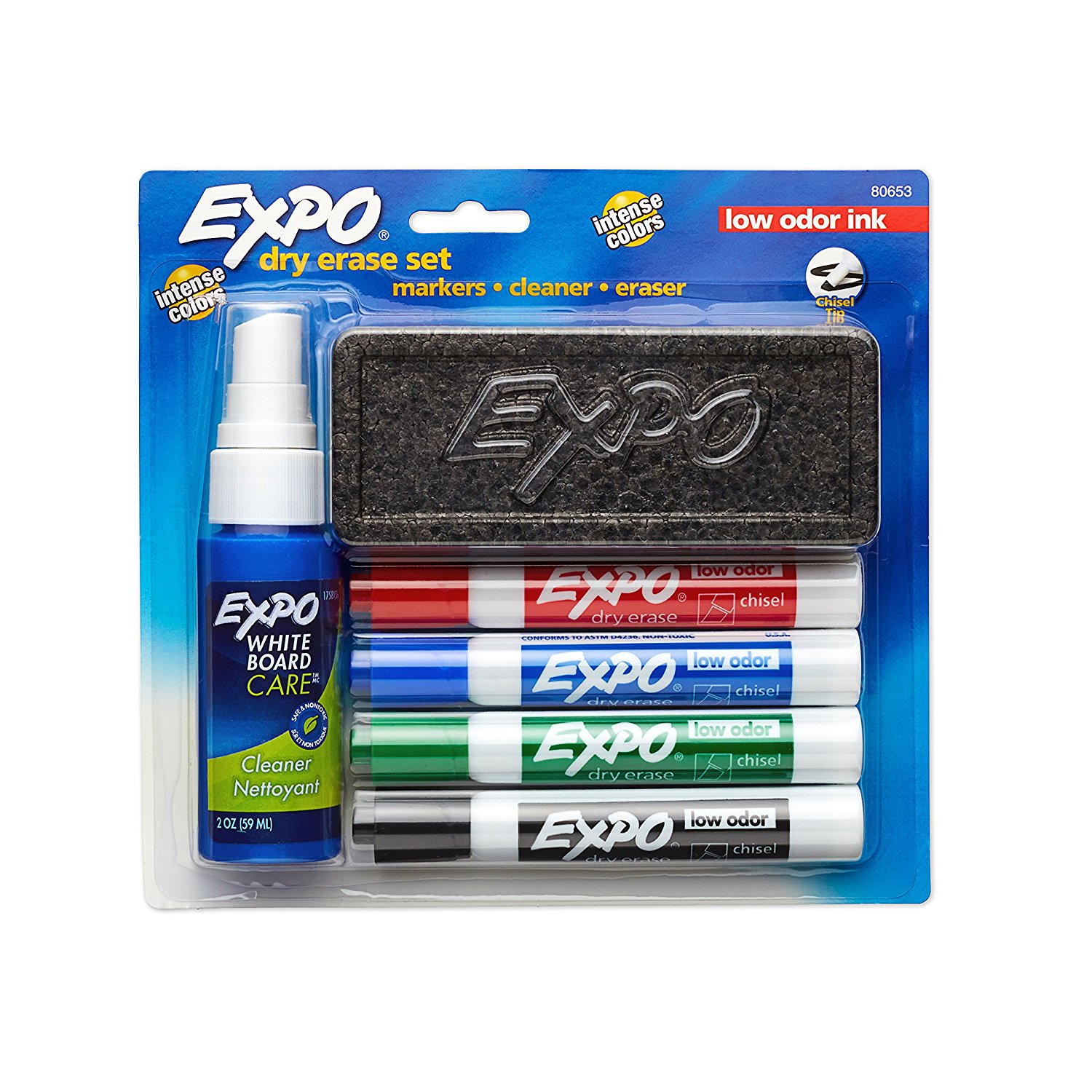 Expo Dry Erase Marker Set with Eraser and 2 Oz. Cleaner, Low Odor, Chisel Tip - Assorted Colors - 4/Set