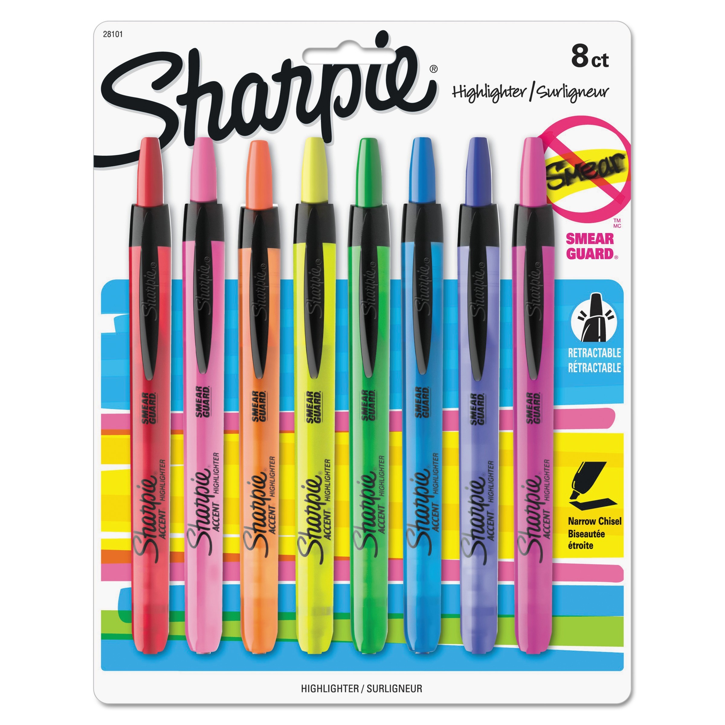 Sharpie Accent Smear Guard Non-Toxic Retractable Highlighter Set, Chisel-Narrow Tip, Assorted Color, Set of 8