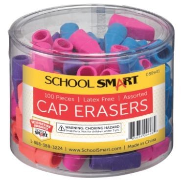 Chisel Shaped Latex-Free Pencil Cap Eraser, Assorted Colors, 100/Pkg