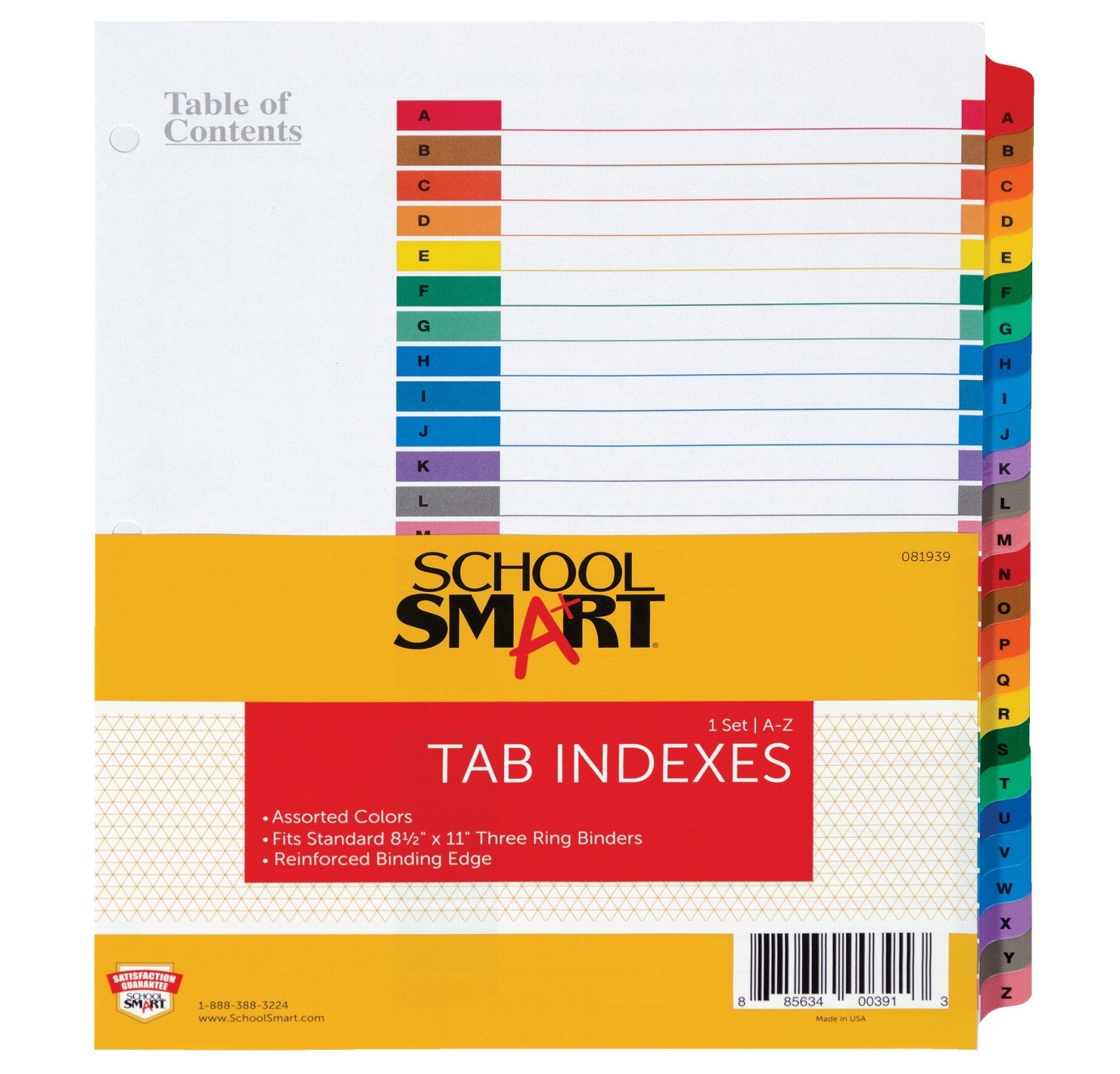 School Smart Paper Plastic Heavy Duty Insertable Reinforced Index Tab Divider with 3-Hole Punched and 26-Tab, 11 X 8-1/2 in, Assorted Color, Alphabetical A - Z