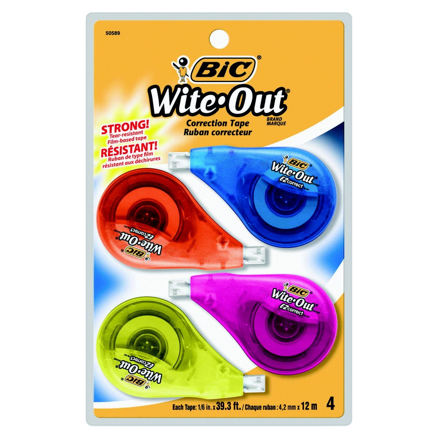 BIC Wite-Out EZ Correct Correction Tape, 1/6 in X 39.3 ft, White, Pack of 4