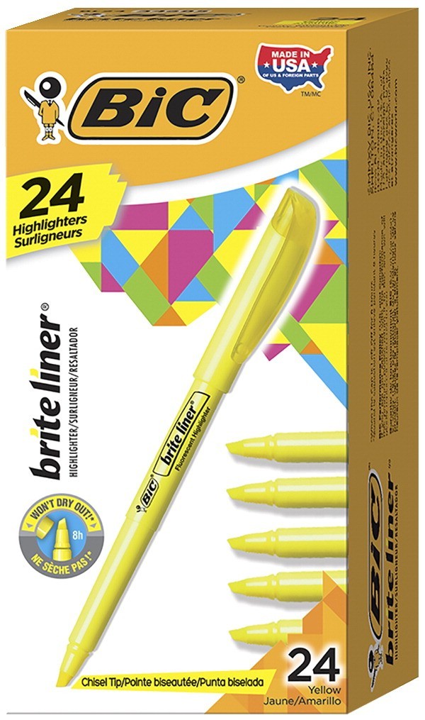 Bic Brite Liner Highlighter Chisel Tip, Yellow, Pack of 24