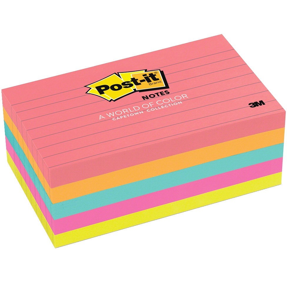 3 X 5 in, Post-it Fusion Lined Original Notepad, Assorted Neon Color, 100 Sheets/Pad, Pack of 5