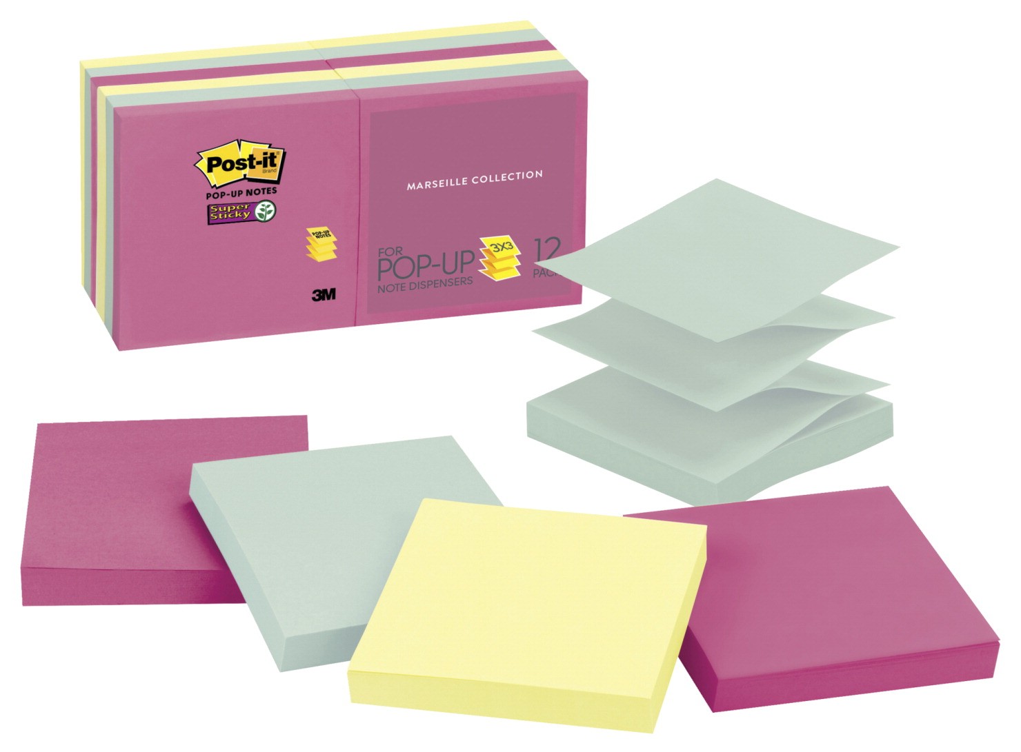 3 X 3 in, Post-it Pop-Up Original Notes, Marseille Colors, Pad of 100 Sheets, Pack of 12