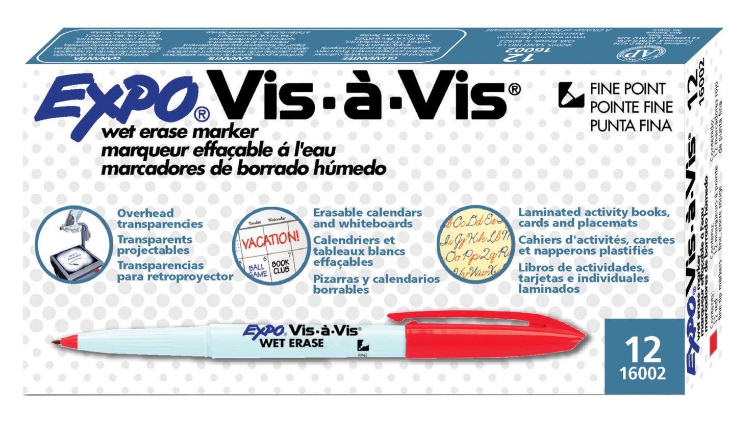 Expo Vis-A-Vis Transparency Markers, Fine Point - Red - 12/Pkg