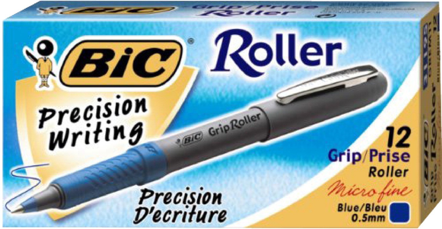 Bic Grip Roller Ball Pen, Micro Point - 12/Pkg - Blue
