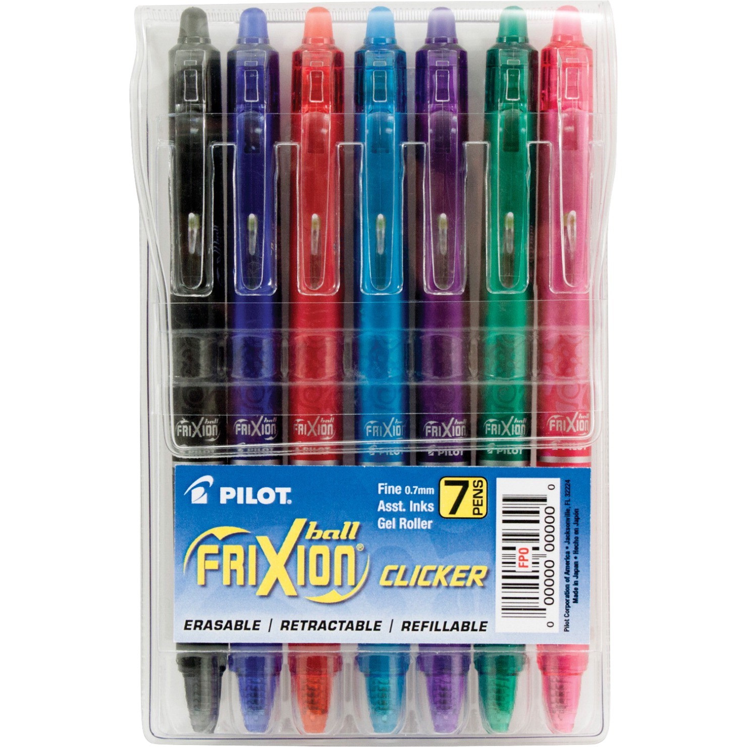 Pilot FriXion Clicker Retractable Gel Pen, 0.7 mm Fine Tip, Assorted Color, Pack of 7