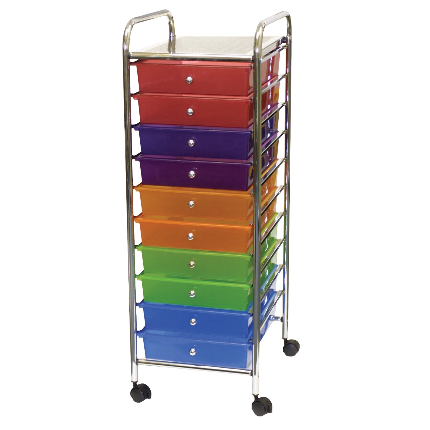 Rolling Cart with 10 Drawers, 13 X 15-1/4 X 37-1/2 In., Chrome Frame with Multicolored Polycarbonate Drawers and 2 Locking Casters