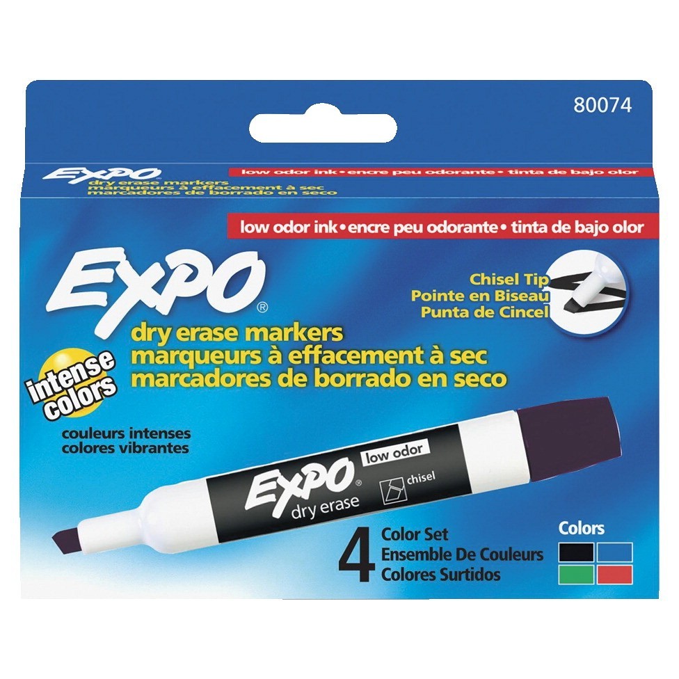 Expo Dry Erase Markers, Chisel Tip, Low Odor - Assorted Colors - 4/Set