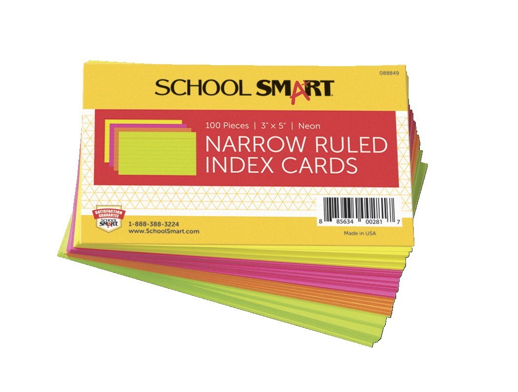 3 X 5 Index Cards, Ruled - Assorted Neon - 100/Pkg