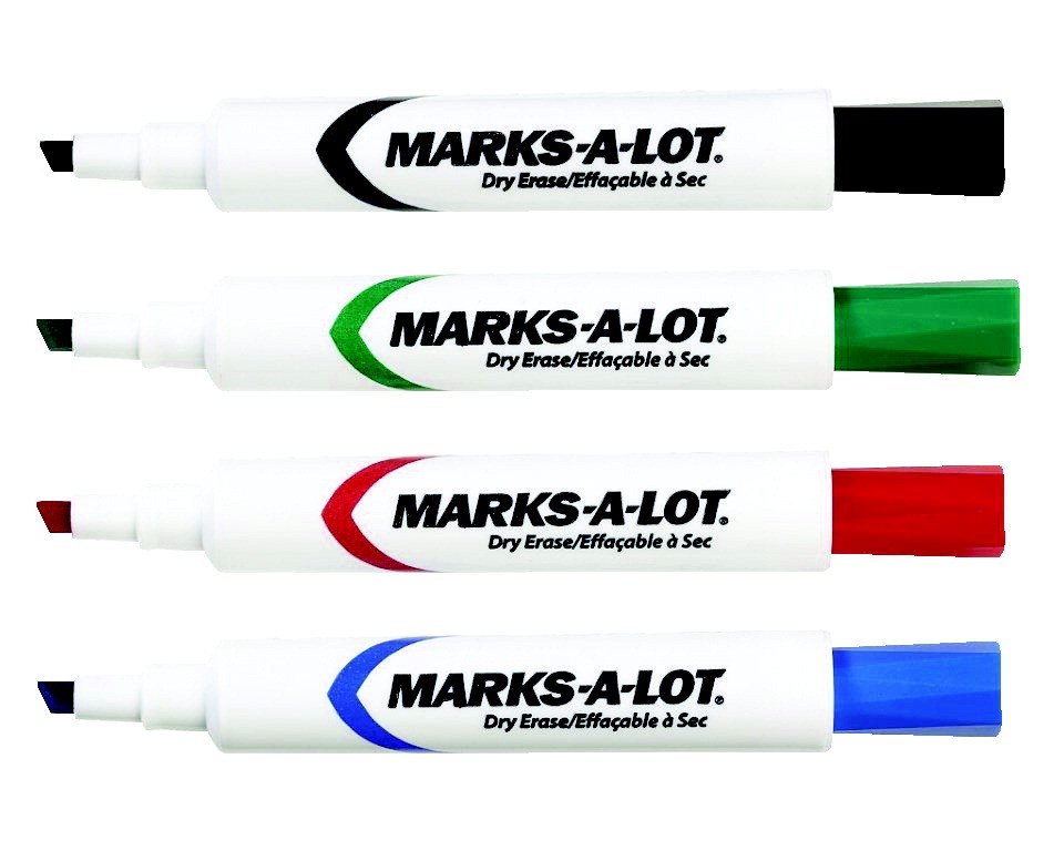 Marks-A-Lot Dry Erase Markers, Chisel Tip, 4 Assorted Colors, 24/Pkg