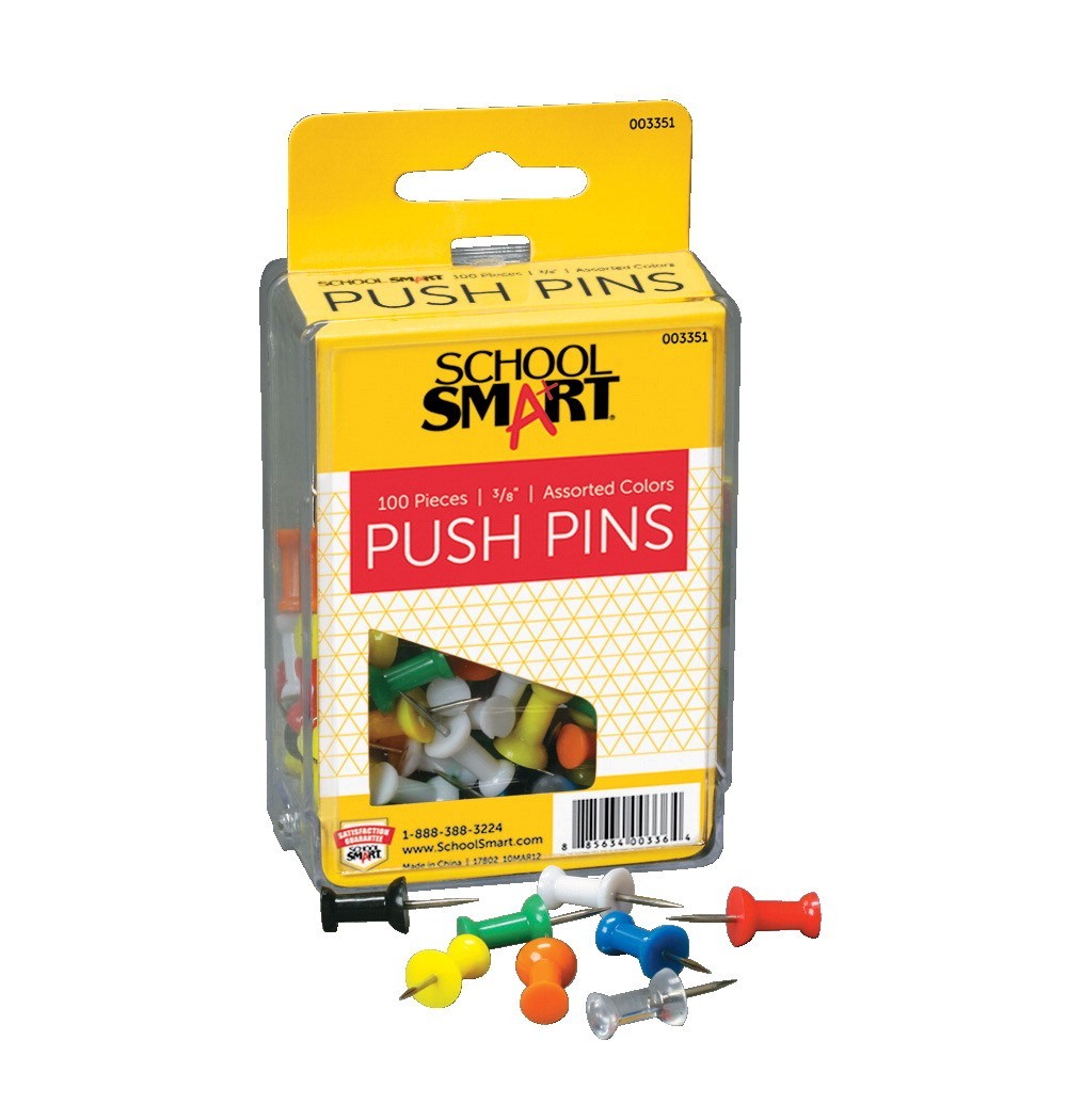 Push Pins, Assorted Colors, 3/8" L, 1/2" Plastic Head, Steel Point - 100/Pkg