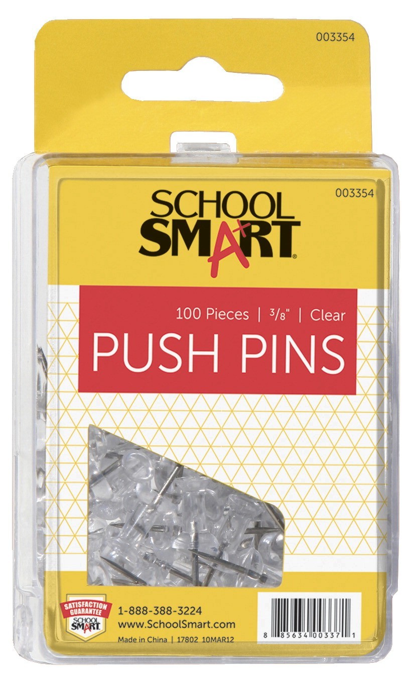 Push Pins, Clear, 3/8" L, 1/2" Plastic Head, Steel Point - 100/Pkg