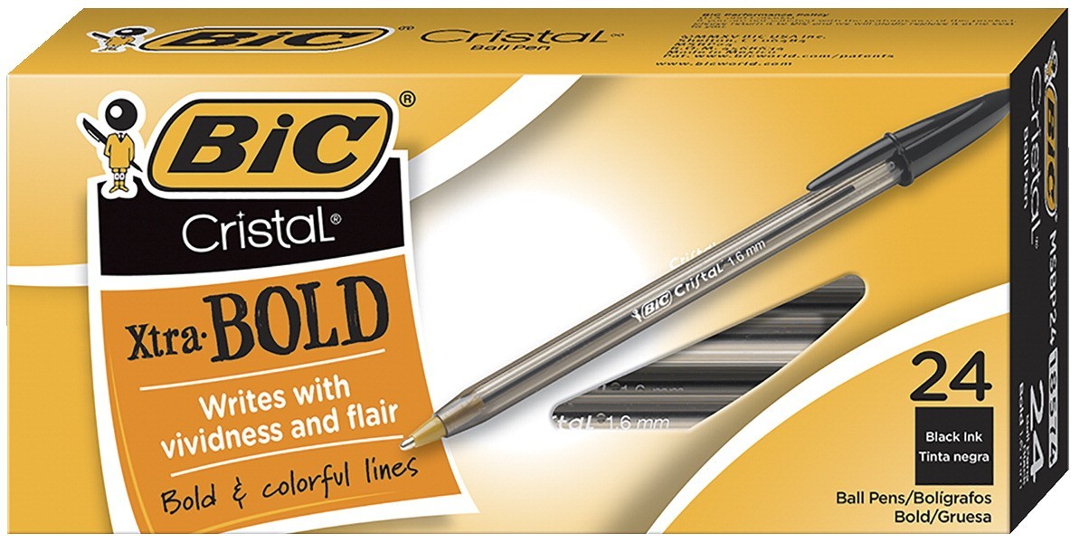 BIC Cristal Bold Non-Refillable Ball Point Pen, 1.6 mm Medium Tip, Black, Pack of 24 - BICMS241BK