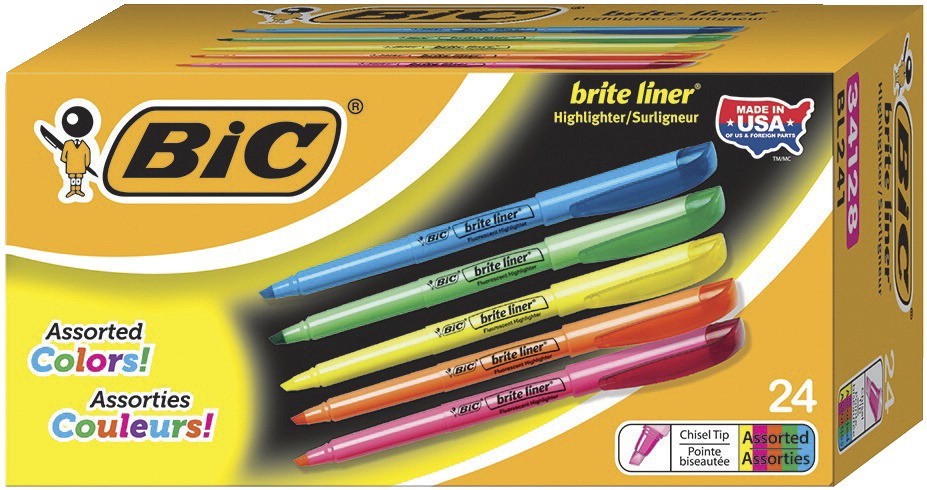 BIC Brite Liner Chisel Tip Pen-Style Highlighter, Pack of 24, Assorted Colors