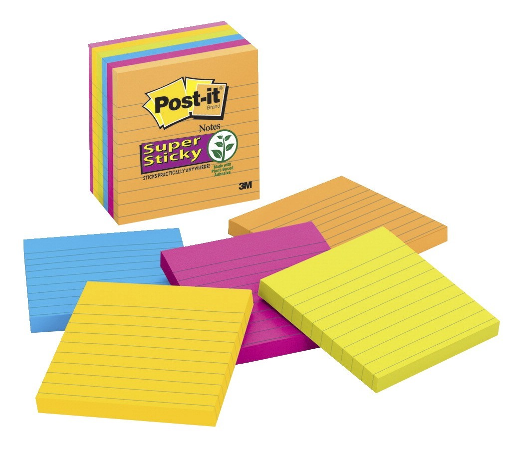 4 X 4 Post-it Super Sticky Notes, Ruled, 90 Sheets/Pad, Rio De Janeiro Colors - 6/Pkg