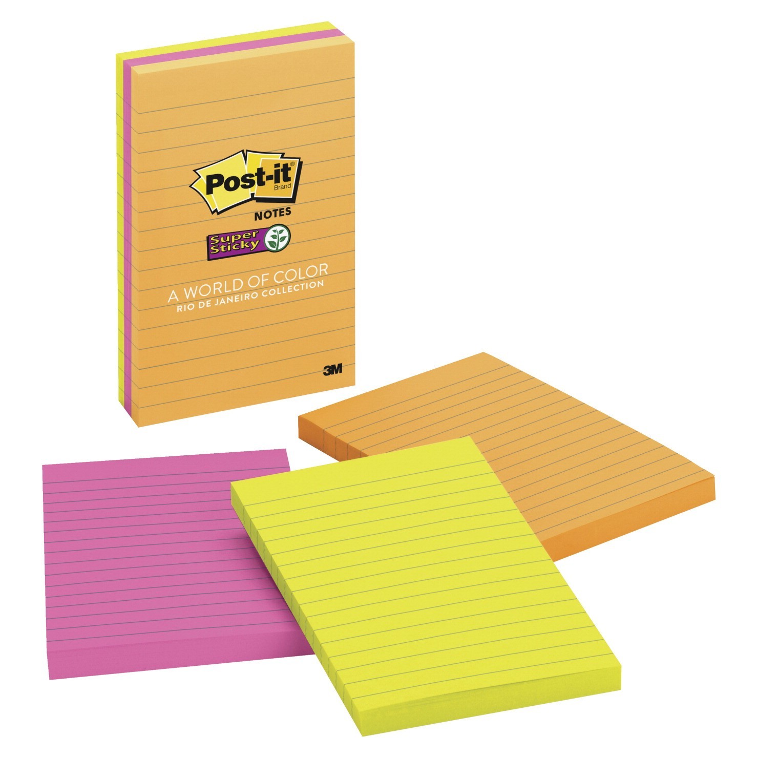 4 X 6 Post-it Super Sticky Notes, Ruled, 90 Sheets/Pad, Rio De Janeiro Colors - 3/Pkg