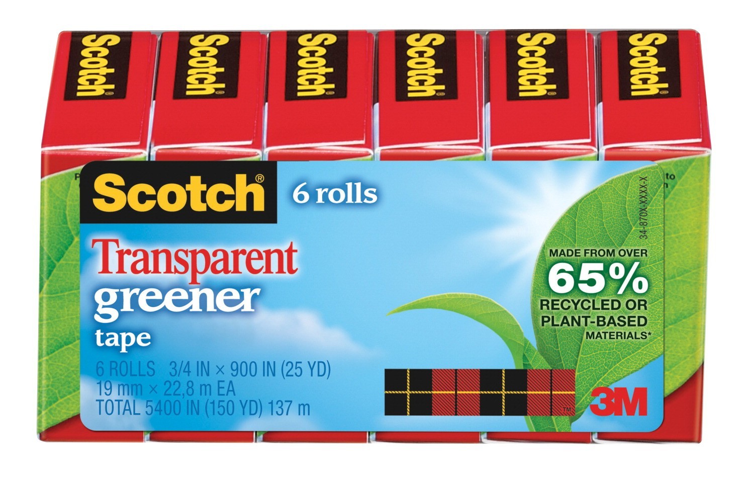 3/4 X 900" Scotch 612 Self-Adhesive Greener Tape with 1" Core, Glossy Transparent, Pack of 6