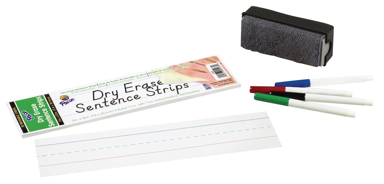 Pacon Dry Erase Sentence Strip, 3 X 12 in, 1-1/2 in Ruling, 3/4 in Dotted Midline, White, Pack of 30