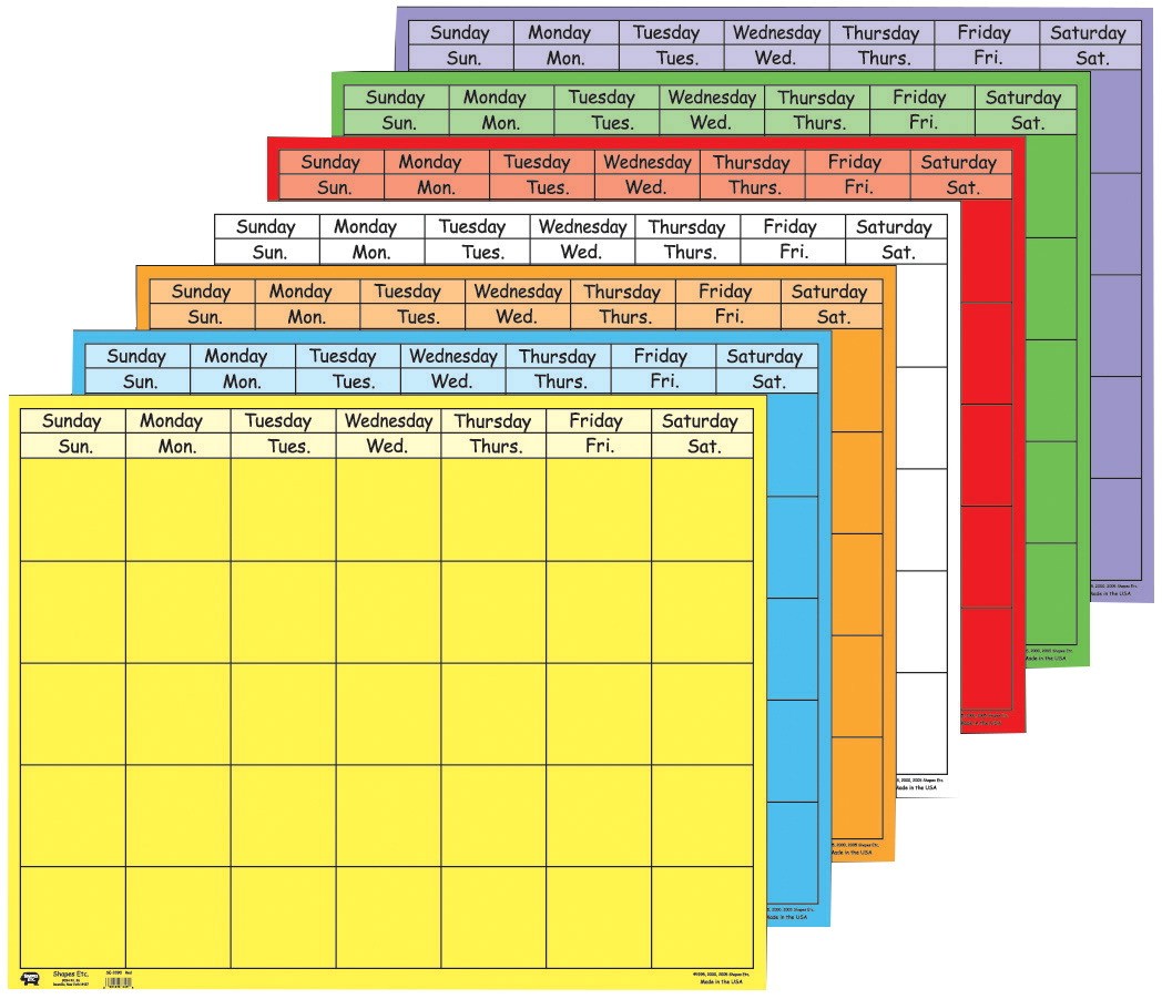 Shapes Etc Horizontal Super Calendar Set, 28 X 22 in, Assorted Color, Set of 7