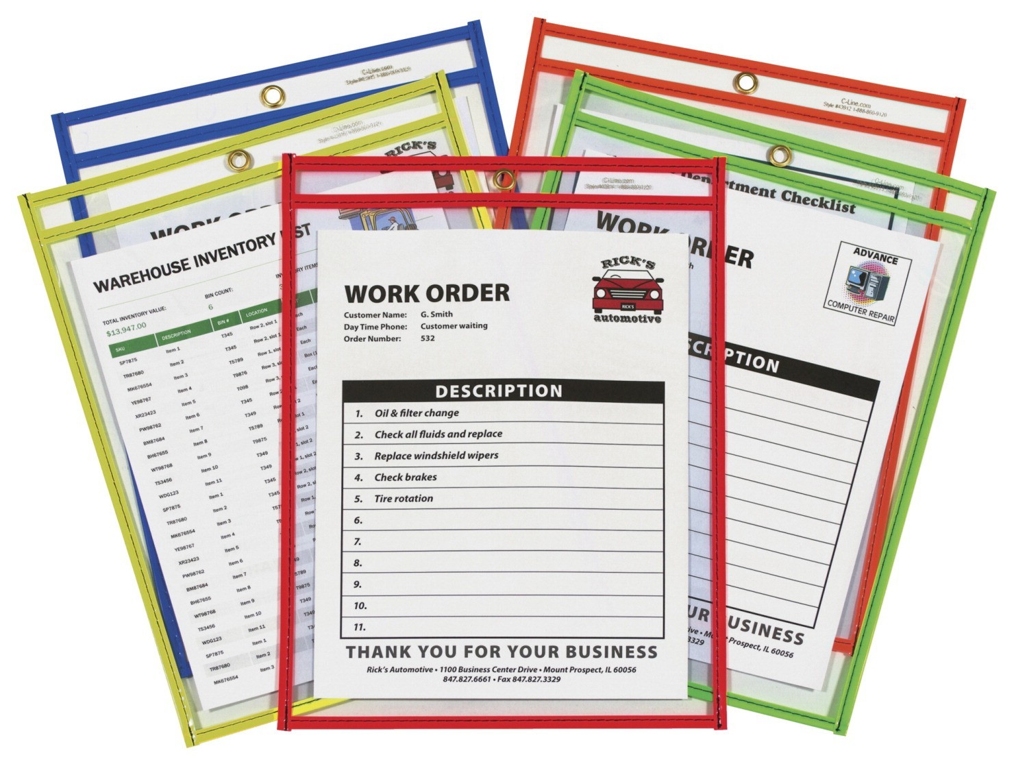 Dry-Erase Sleeve, Vinyl Stitched Shop Ticket Holders, 9 X 12, Top Loading - 25/Pkg - Assorted Colors