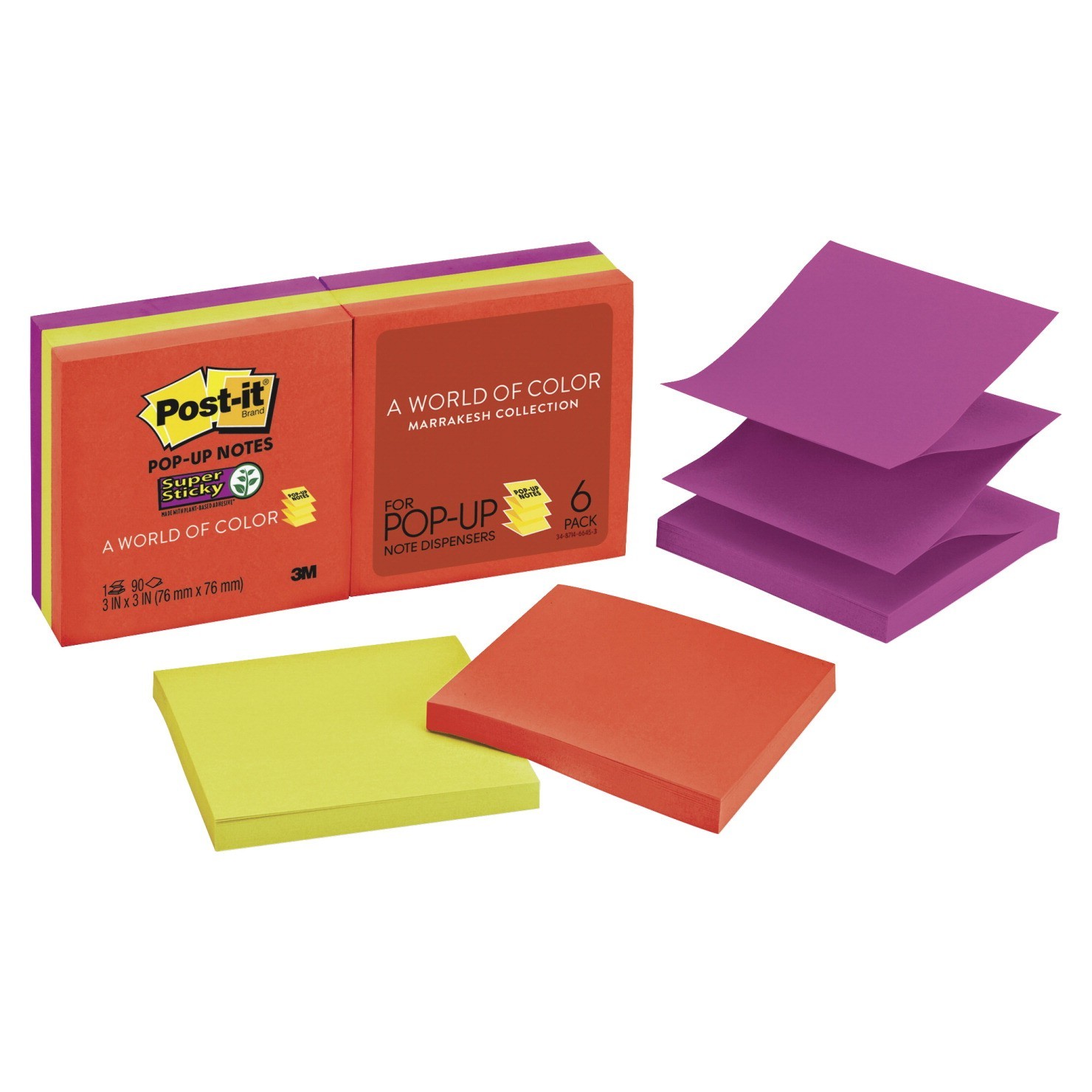 3 X 3 in, Post-it Pop-Up Super Sticky Note Refill, Assorted Neon Color, 90 Sheets/Pad, Pack of 6