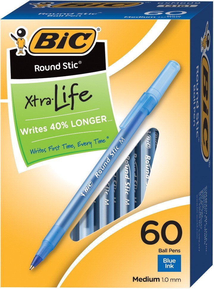 BIC Round Stick Ballpoint Pen, 1 mm Medium Tip, Blue Ink, Frost Barrel, Pack of 60 - BICGSM609BE
