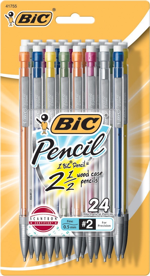BIC Latex-Free Non-Refillable Mechanical Pencil with Clips, 0.5 mm Tip, Assorted Shimmer Barrel, Pack of 24