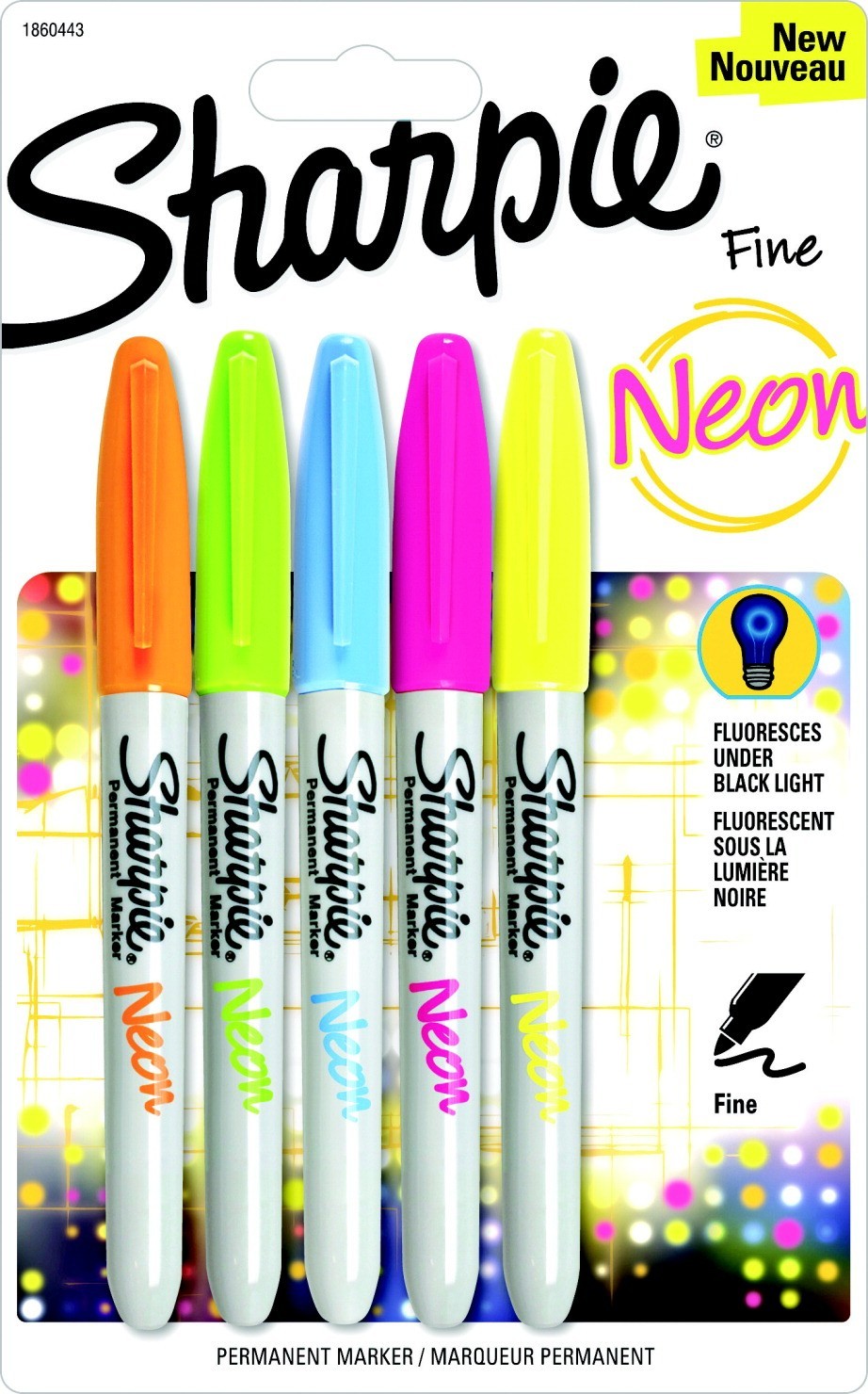 Sharpie Permanent Marker, Fine Tip - Assorted Neon Colors - 5/Set