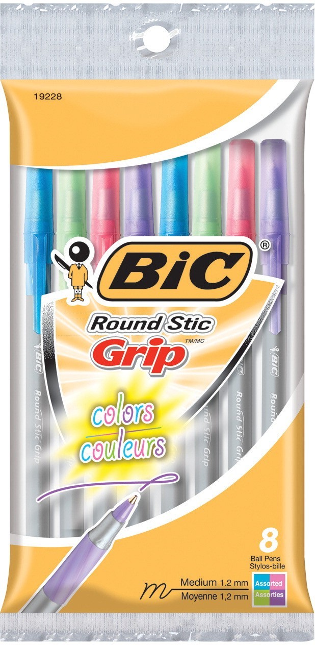 BIC Round Stick Fashion Ball Point Pen - Pink, Purple, Lime Green and Turquoise Ink, 1 mm Medium Tip, Silver Barrel, Pack of 8
