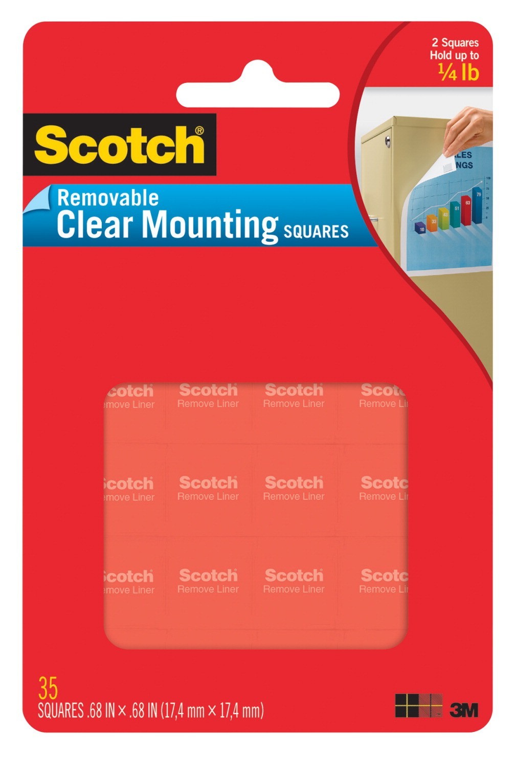 Scotch Removable Mounting Square, 11/16 X 11/16 in, 1/4 lb Capacity, Clear, Pack of 35