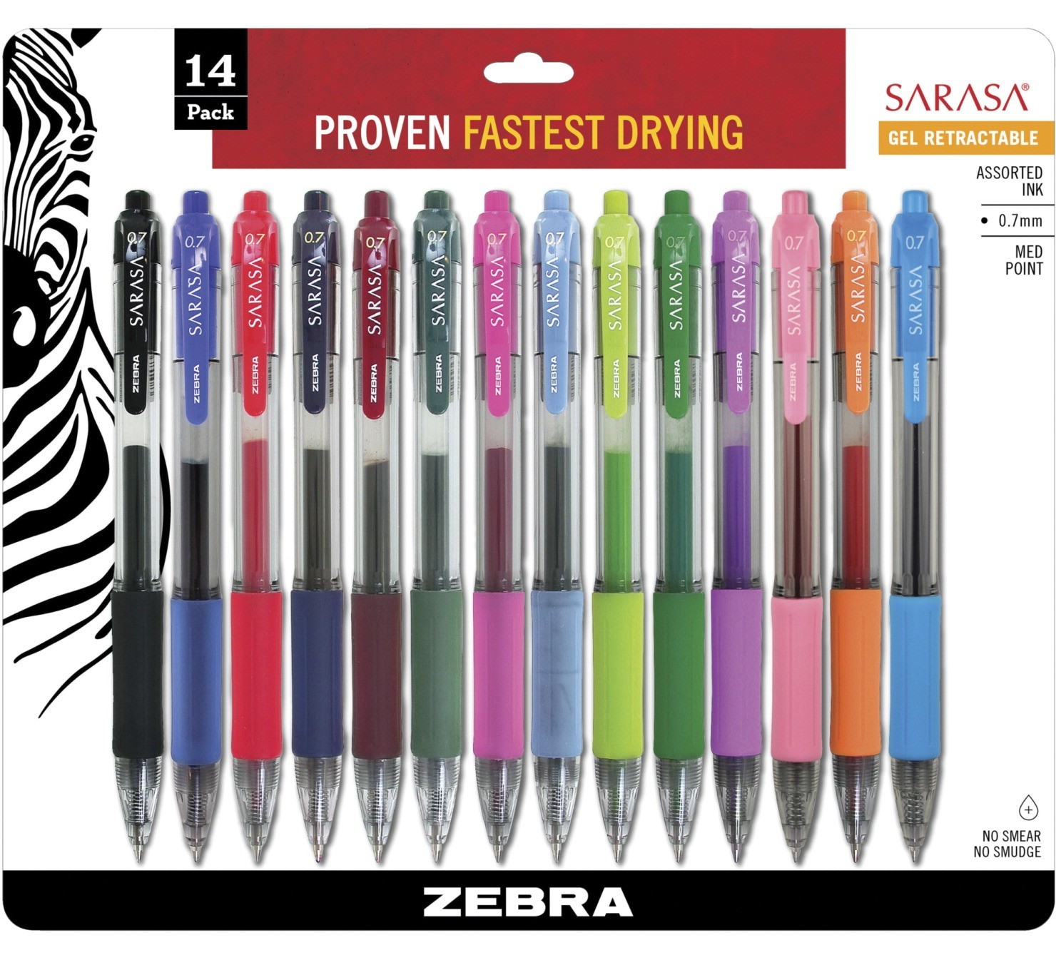 Zebra Sarasa Gel Pen, Retractable with Soft Rubber Grip, Medium Point, 0.7 mm - 14/Pkg - Assorted Colors