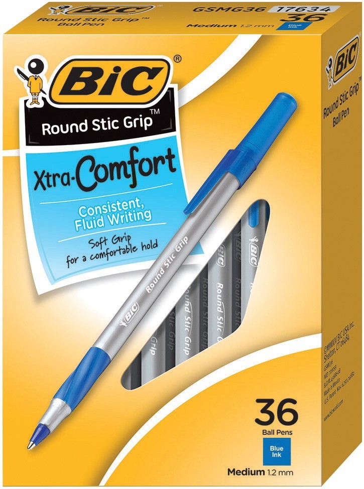 Bic Round Stick Grip Xtra Comfort Ball Pens, Medium Point - Blue - 36/Pkg
