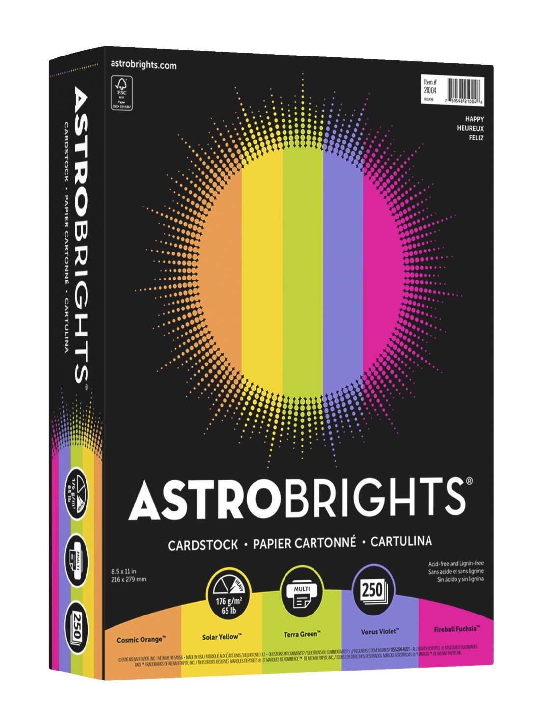 8-1/2 X 11 Card Stock, Astrobrights 65 lb, Acid-Free, Assorted Color - 250/Pkg