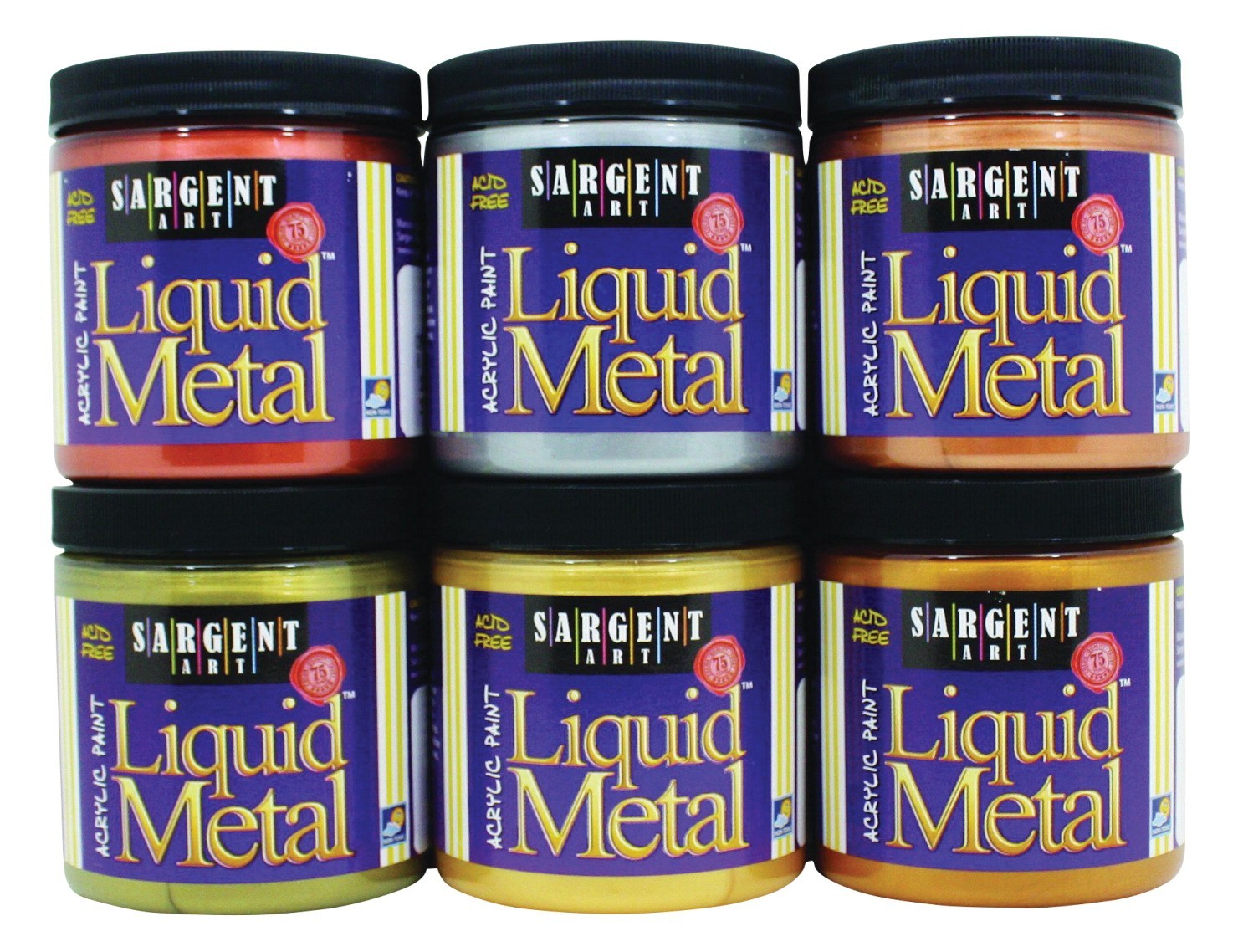 Sargent Art Liquid Metal Non-Toxic Premium Acrylic Paint Set, 8 oz Jar, Assorted Metallic Color, Set of 6