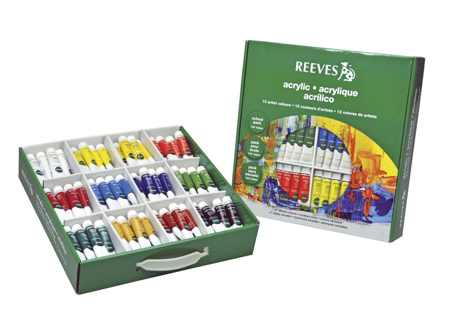 Reeves Acrylic Paint, Classroom Pack, 0.34 Oz Tubes in 12 Assorted Colors - 144/Pkg