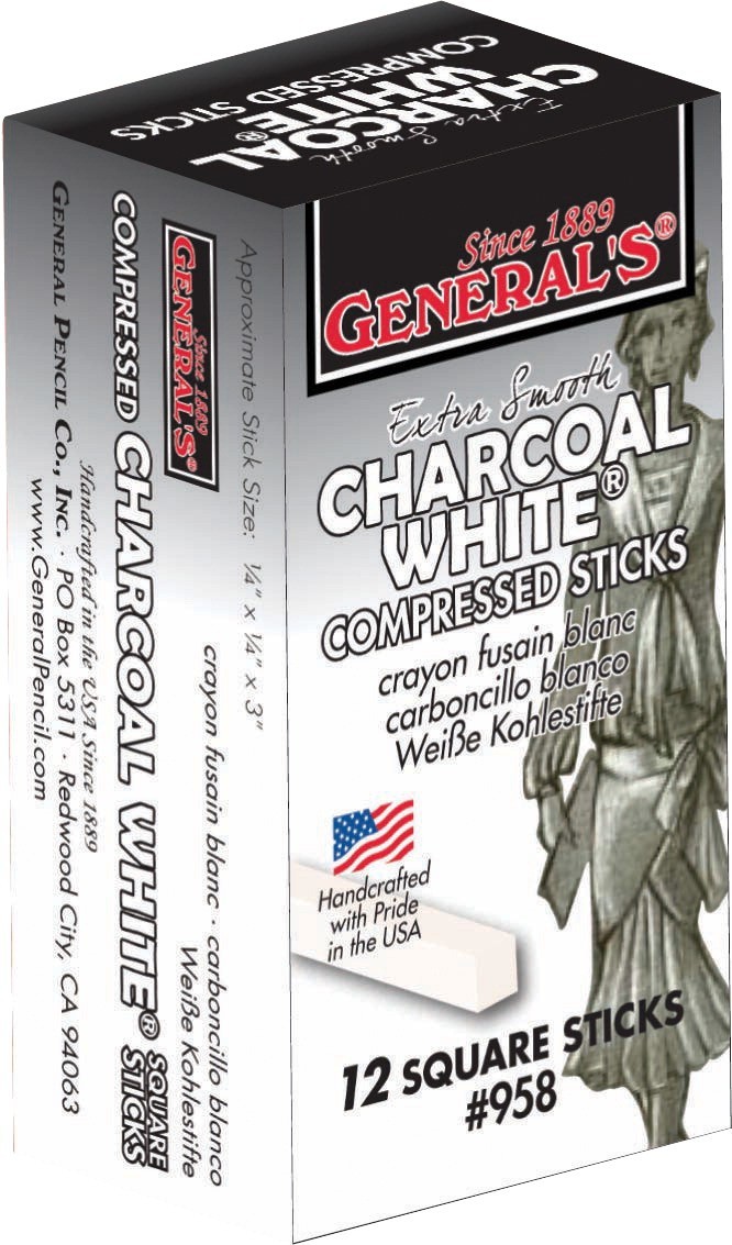 General's Non-Toxic Top Quality Charcoal Stick, 3", White, Pack of 12