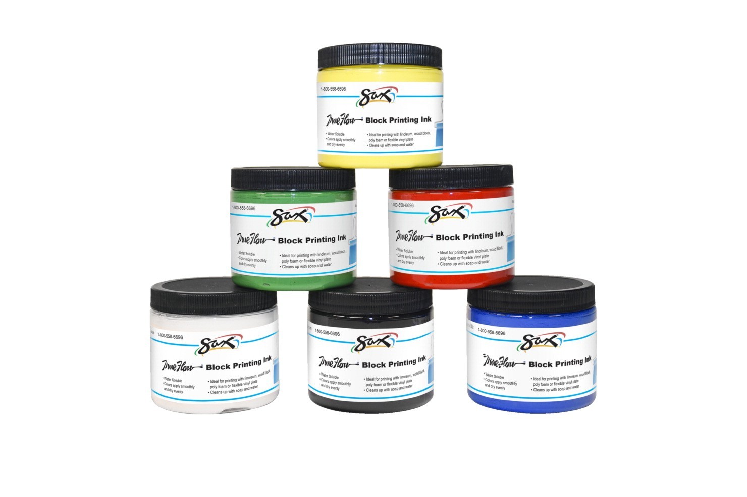 Sax True Flow Non-Toxic Water Soluble Block Printing Ink Set, 1 pt Jar, Assorted Color, Set of 6