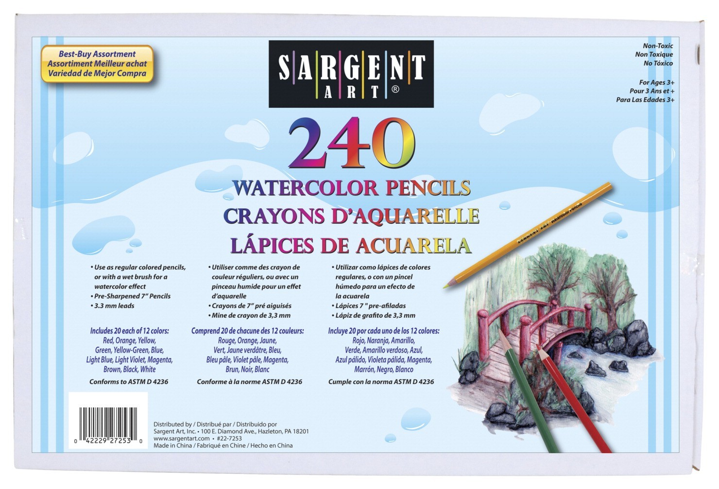 Non-Toxic Watercolor Pencils, 12 Assorted Colors - 240/Pkg