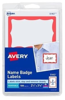 Avery Removable Self-Adhesive Name Badge Labels For Laser and Inkjet Printers, 2-11/32 x 3-3/8 in, Red Border, Pack of 100