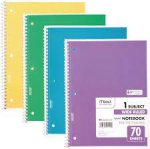 Spiral Notebook, Wide Ruled , 8 x 10-1/2 Inches, assorted colors