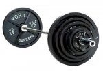 Olympic Plate and Bar set that includes 2 each of the following: 45lb, 35lb, 25lb, 10lb, 5lb and 28mm Chrome Bushing 20KG Lifting Bar