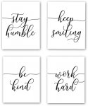Inspirational Quote Art Painting, Work Hard, Be Kind, Stay Humble, Keep Smiling, Set of 4