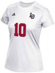 Women's Adidas Squadra Soccer Jersey  white with 1 color (purple) SCS  over 4" number on front and 8" number on back