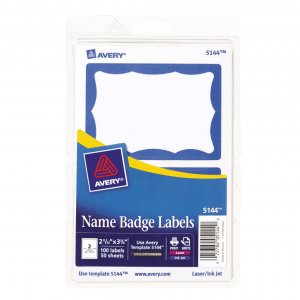 Avery Removable Self-Adhesive Name Badge Labels for Laser and Inkjet Printers, 2-11/32 X 3-3/8 In., White with Blue Border, #5144, 100/Pkg
